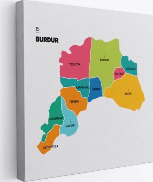 İl ve İlçeler Haritası Burdur, Modern Dekoratif Kanvas Tablo, Duvar Dekoru 1303