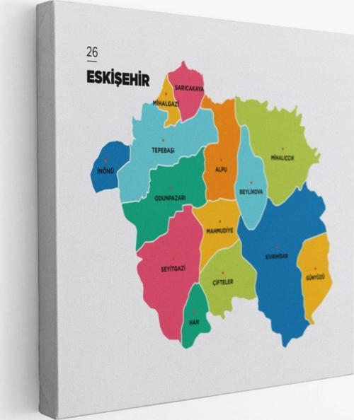İl ve İlçeler Haritası Eskişehir, Modern Dekoratif Kanvas Tablo, Duvar Dekoru 1339
