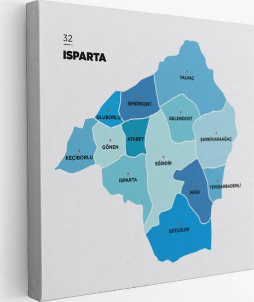 İl ve İlçeler Haritası Isparta, Modern Dekoratif Kanvas Tablo, Duvar Dekoru 1363