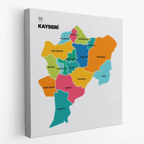 İl ve İlçeler Haritası Kayseri, Modern Dekoratif Kanvas Tablo, Duvar Dekoru 1385