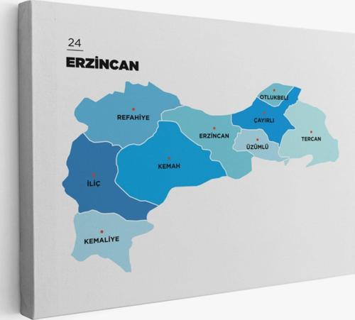 İl ve İlçeler Haritası Erzincan, Modern Dekoratif Kanvas Tablo, Duvar Dekoru 1335