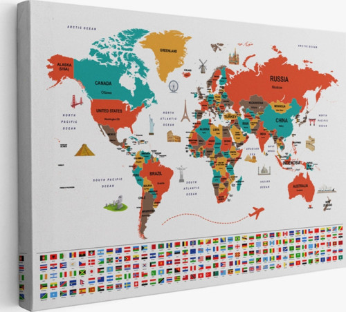 Ülke Başkentli ve Bayraklı İngilizce Dünya Haritası Dekoratif Kanvas Tablo, Duvar Dekoru 1923