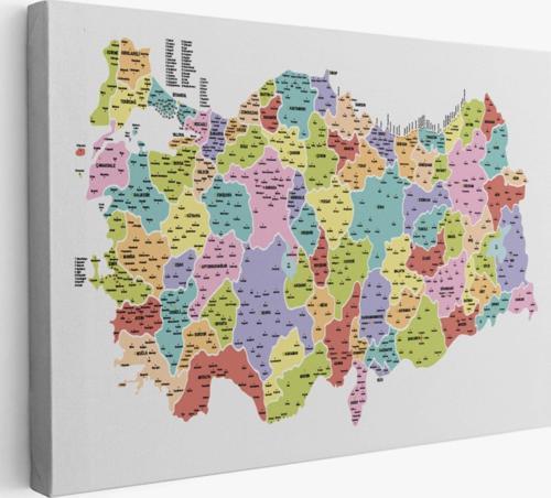 Eğitici İl ve İlçe Detaylı Türkiye Haritası, Harita Dekoratif Kanvas Tablo, Duvar Dekoru 3039