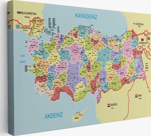 Komşulu İl ve İlçe Detaylı Türkiye Haritası, Harita Dekoratif Kanvas Tablo, Duvar Dekoru 3011