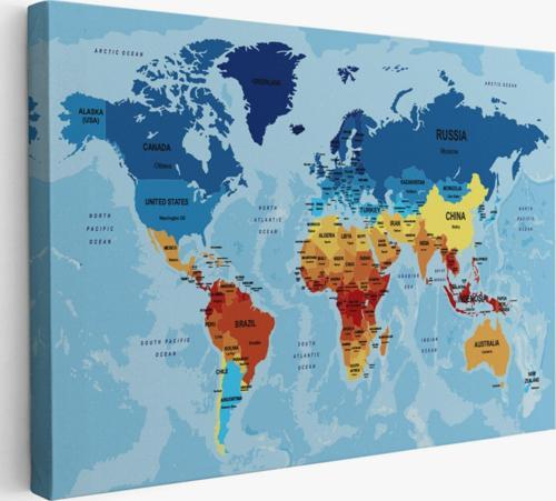 Ülke Başkentli Okyanuslu İngilizce Dünya Haritası Dekoratif Kanvas Tablo, Duvar Dekoru 2195
