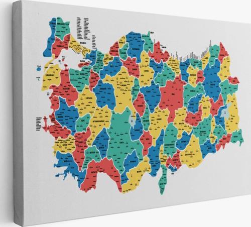 Eğitici İl ve İlçe Detaylı Türkiye Haritası, Harita Dekoratif Kanvas Tablo, Duvar Dekoru 3047