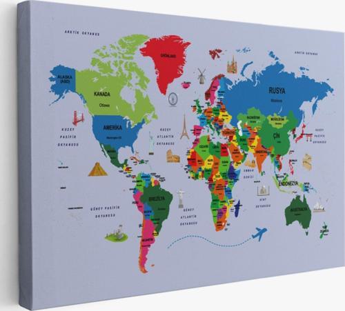 Sembollü Ülke Başkentli Eğitici Türkçe Dünya Haritası Dekoratif Kanvas Tablo, Duvar Dekoru 2704