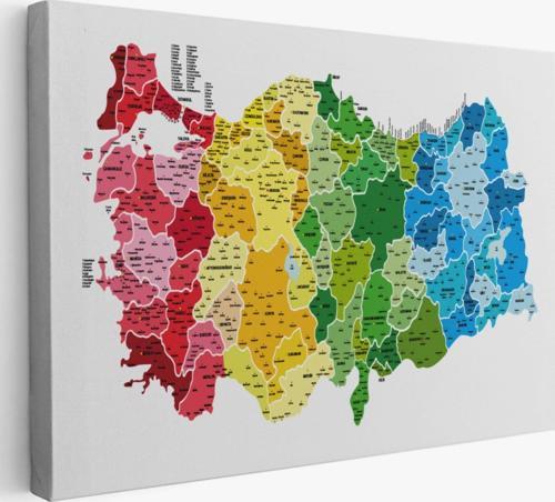 Eğitici İl ve İlçe Detaylı Türkiye Haritası, Harita Dekoratif Kanvas Tablo, Duvar Dekoru 3049