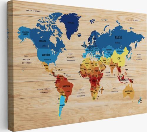 Ülke Başkentli Ahşap Görünümlü Türkçe Dünya Haritası Dekoratif Kanvas Tablo, Duvar Dekoru 1820