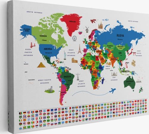 Ülke Başkentli ve Bayraklı Türkçe Dünya Haritası Dekoratif Kanvas Tablo, Duvar Dekoru 1962