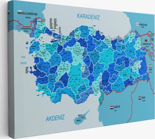 Komşulu İl ve İlçe Detaylı Türkiye Haritası, Harita Dekoratif Kanvas Tablo, Duvar Dekoru 3002
