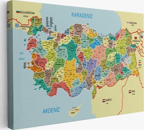 Komşulu İl ve İlçe Detaylı Türkiye Haritası, Harita Dekoratif Kanvas Tablo, Duvar Dekoru 3006