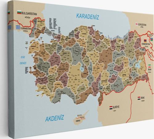 Komşulu İl ve İlçe Detaylı Türkiye Haritası, Harita Dekoratif Kanvas Tablo, Duvar Dekoru 3022