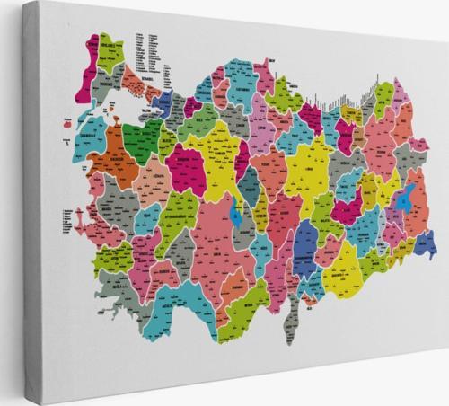 Eğitici İl ve İlçe Detaylı Türkiye Haritası, Harita Dekoratif Kanvas Tablo, Duvar Dekoru 3024