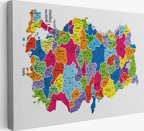 Eğitici İl ve İlçe Detaylı Türkiye Haritası, Harita Dekoratif Kanvas Tablo, Duvar Dekoru 3033