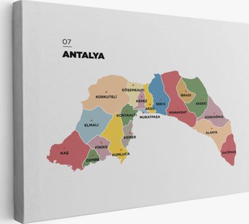 İl ve İlçeler Haritası Antalya, Modern Dekoratif Kanvas Tablo, Duvar Dekoru 1268