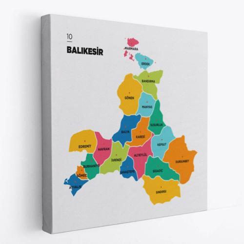 İl ve İlçeler Haritası Balıkesir, Modern Dekoratif Kanvas Tablo, Duvar Dekoru 1279