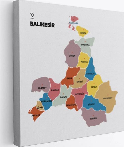 İl ve İlçeler Haritası Balıkesir, Modern Dekoratif Kanvas Tablo, Duvar Dekoru 1280