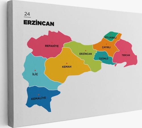 İl ve İlçeler Haritası Erzincan, Modern Dekoratif Kanvas Tablo, Duvar Dekoru 1333