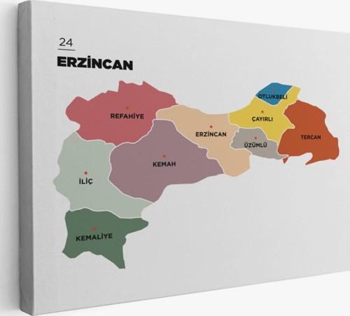 İl ve İlçeler Haritası Erzincan, Modern Dekoratif Kanvas Tablo, Duvar Dekoru 1334
