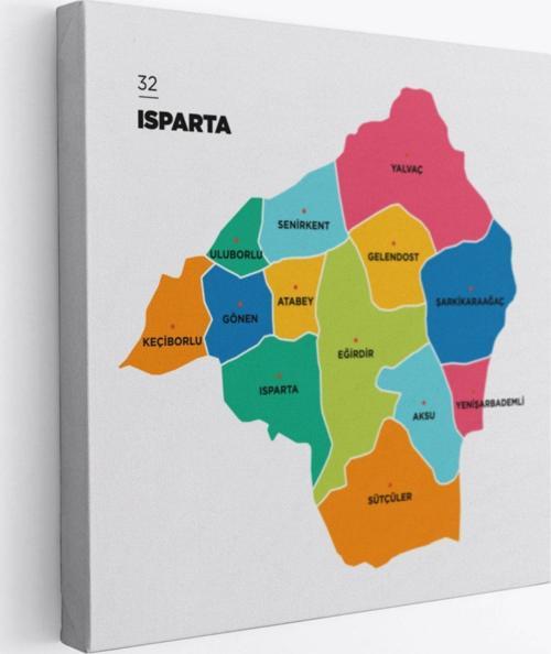 İl ve İlçeler Haritası Isparta, Modern Dekoratif Kanvas Tablo, Duvar Dekoru 1360