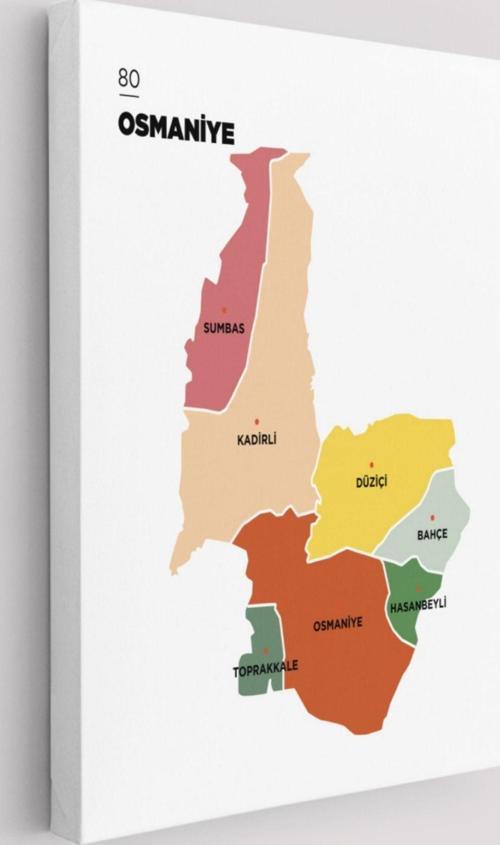 İl ve İlçeler Haritası Osmaniye, Modern Dekoratif Kanvas Tablo, Duvar Dekoru 1437
