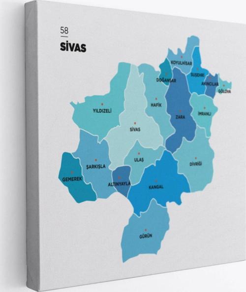 İl ve İlçeler Haritası Sivas, Modern Dekoratif Kanvas Tablo, Duvar Dekoru 1456