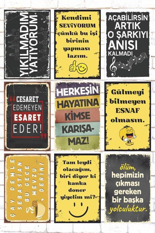 9 Parça Karışık Yazılı Ahşap Tablo Seti Yıkılmadım Yatıyorum Komik Atarlı Sözler