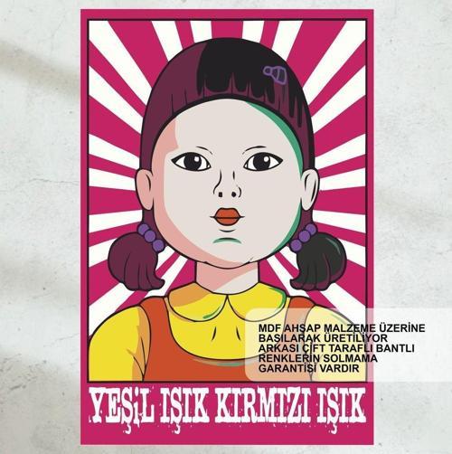 Squid Game Yeşil Işık Kırmızı Işık Oyunu Şarkısı Oyuncak Robot Bebek Figürü Tablosu Ahşap Poster