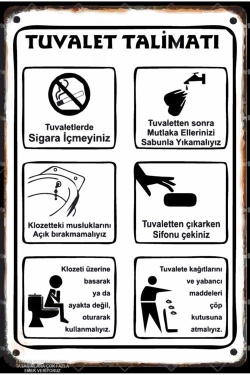 Tuvalet Wc Kuralları Talimatları Uyarı Levhası Komik Eğlenceli Sözler Retro Ahşap Poster