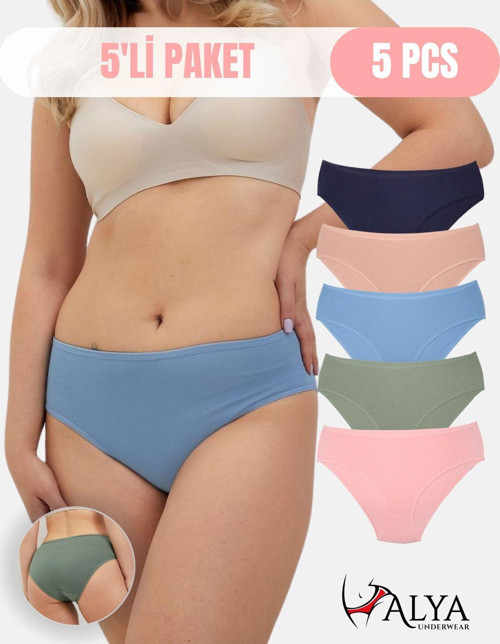 Kadın Pamuklu Renkli Bato / Hipster Slip Külot- Lacivert, Yeşil, Pembe, Pudra, Mavi -5'li Paket