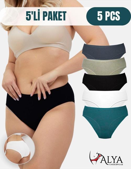 Kadın Pamuklu Renkli Bato Slip Külot- Siyah, Koyu Yeşil, Taş, Beyaz, Füme 5'li Paket