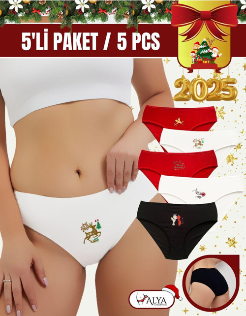 Kadın Renkli Yeni Yıl Baskılı, Kırmızı Slip Külot, Yılbaşı Temalı Pamuklu Iç Çamaşırı - 5'li Paket
