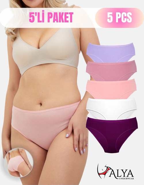 Kadın Pamuklu, Renkli Bato / Hipster Slip Külot- Fuşya, Lila, Gül Kurusu, Somon, Ekru 5'li Paket