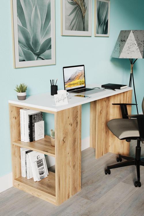 Çalışma Masası Bilgisayar Masası Ofis Ders Yemek Masası Raflı Ahşap Masa Beyaz Atlantik Çam