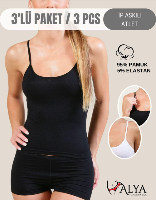 Kadın Pamuklu Ip Askılı Atlet ( 3'lü, Siyah, Beyaz, Ten )