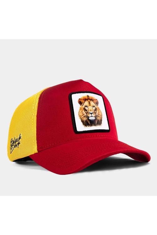 V1 Trucker Aslan- 10Bs Kod Logolu Unisex Kırmızı - Sarı Fileli Şapka (Cap) Gs
