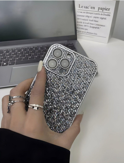 Apple İphone 15 Pro Max Uyumlu Taşlı Simli Kamera Lens Korumalı Kılıf