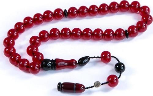 Bordo Küre Tane Şükrü Baba İmzalı Sıkma Kehribar Tesbih