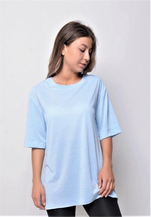 Kadın Düz Uzun Ve Yırtmaçlı Duble Kol Önü Baskısız T-Shirt Ve Tunik Bebe Mavisi L
