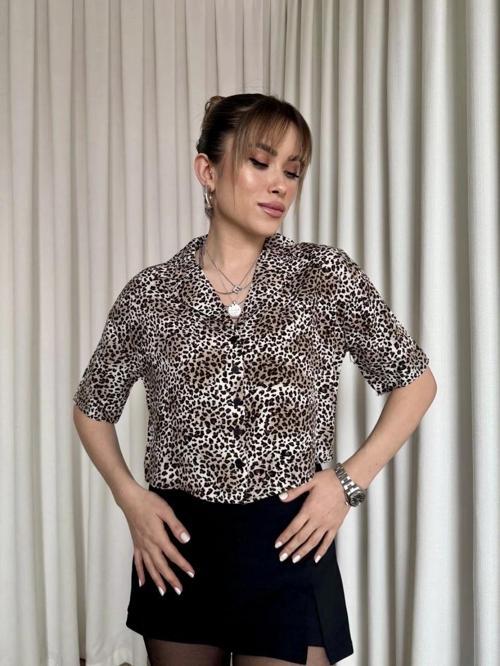 Leopar desenli crop gömlek