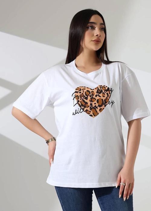 Leopar kalp baskılı tişört