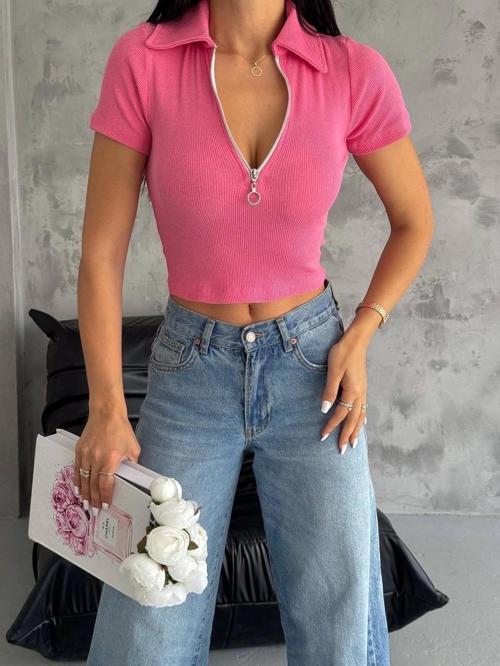 kaşkorse yaka fermuarlı bluz fuşya