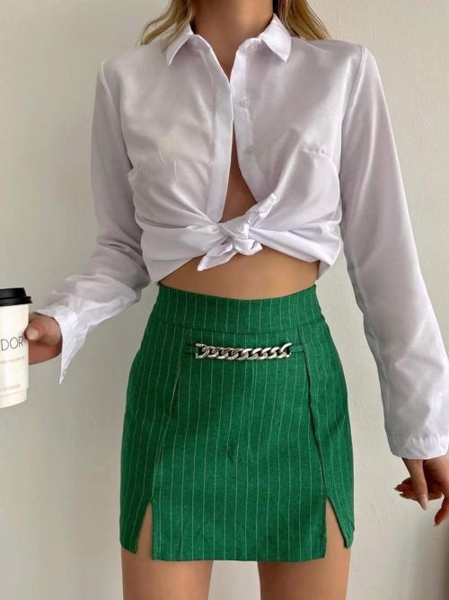 Zincir detaylı çizgili şort etek