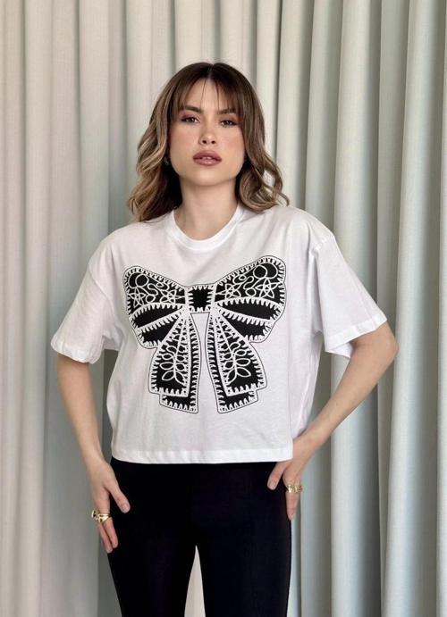 Oversize Beyaz baskılı crop tişört