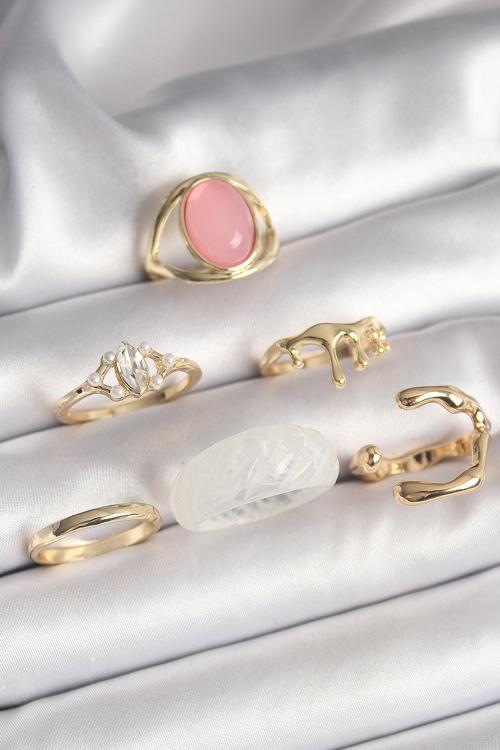 Pirinç Gold Renk Zirkon Taş Detaylı Pembe Mineli 6'Lı Kadın Yüzük Seti - EBJ250301W31431
