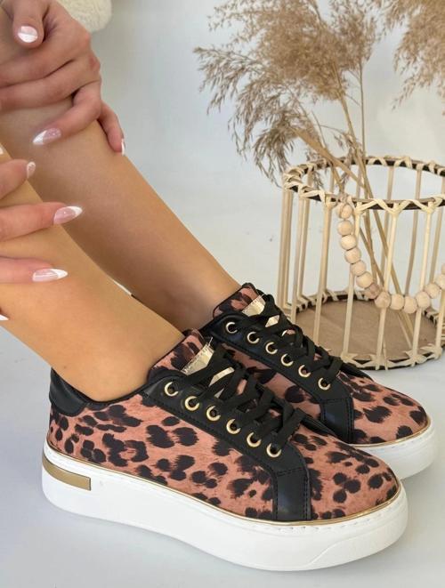 Kity Leopar Saten Bağcıklı Spor Ayakkabı
