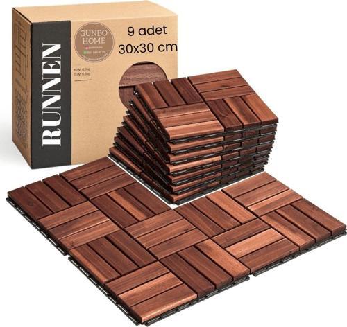 Runnen Akasya Ağacı Yer Karosu 9 Adet Bahçe Banyo Deck Ahşap Karo Masif Yer Döşemesi Balkon Deck Kahverengi