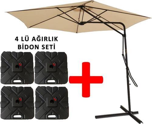 3 Mt Şemsiye + 4 Lü Ağırlık Seti Havuz Şemsiyesi Bidonlu, Bahçe Şemsiyesi, Teras Şemsiyesi Set Bej