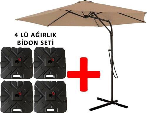 3 Mt Şemsiye + 4 Lü Ağırlık Seti Havuz Şemsiyesi Bidonlu, Bahçe Şemsiyesi, Teras Şemsiyesi Set Krem